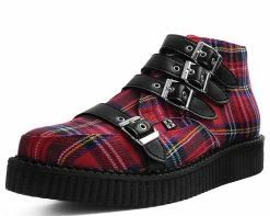 A9411 Vegan Red Plaid 4-Buckle Pointed Boot