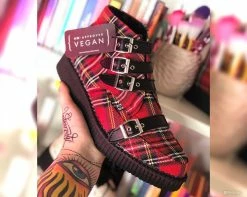 A9411 Vegan Red Plaid 4-Buckle Pointed Boot