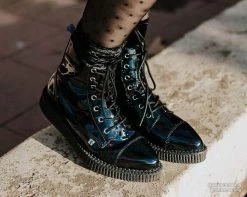A9502 Black Hologram Pointed Lace Up Boot Womens