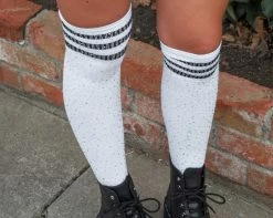 TSK1124 Womens Black & White Varsity Rhinestone Over-The-Knee Sock