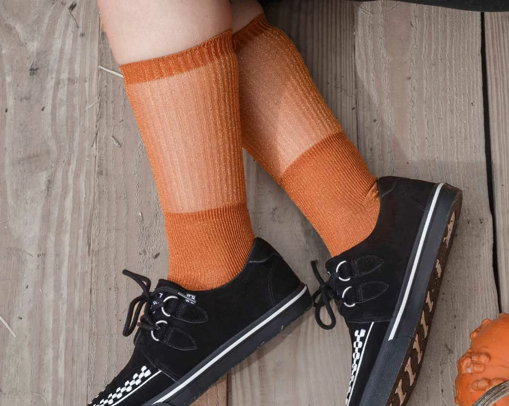 Promo π TSK1129 π© Womens Orange Ribbed Glitter Sock β¨ 2 TSK1129 Womens Orange Ribbed Glitter Sock